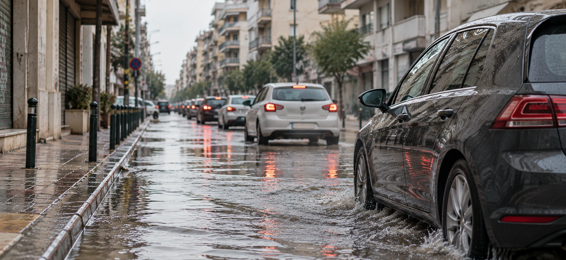 Αυτοκίνητα σε πλημμυρισμένο δρόμο.