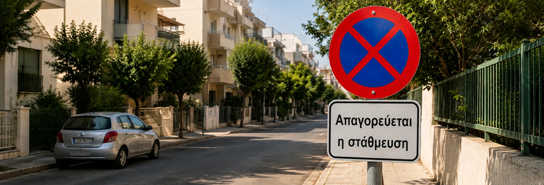 Σήμανση απαγόρευσης στάθμευσης σε δρόμο.