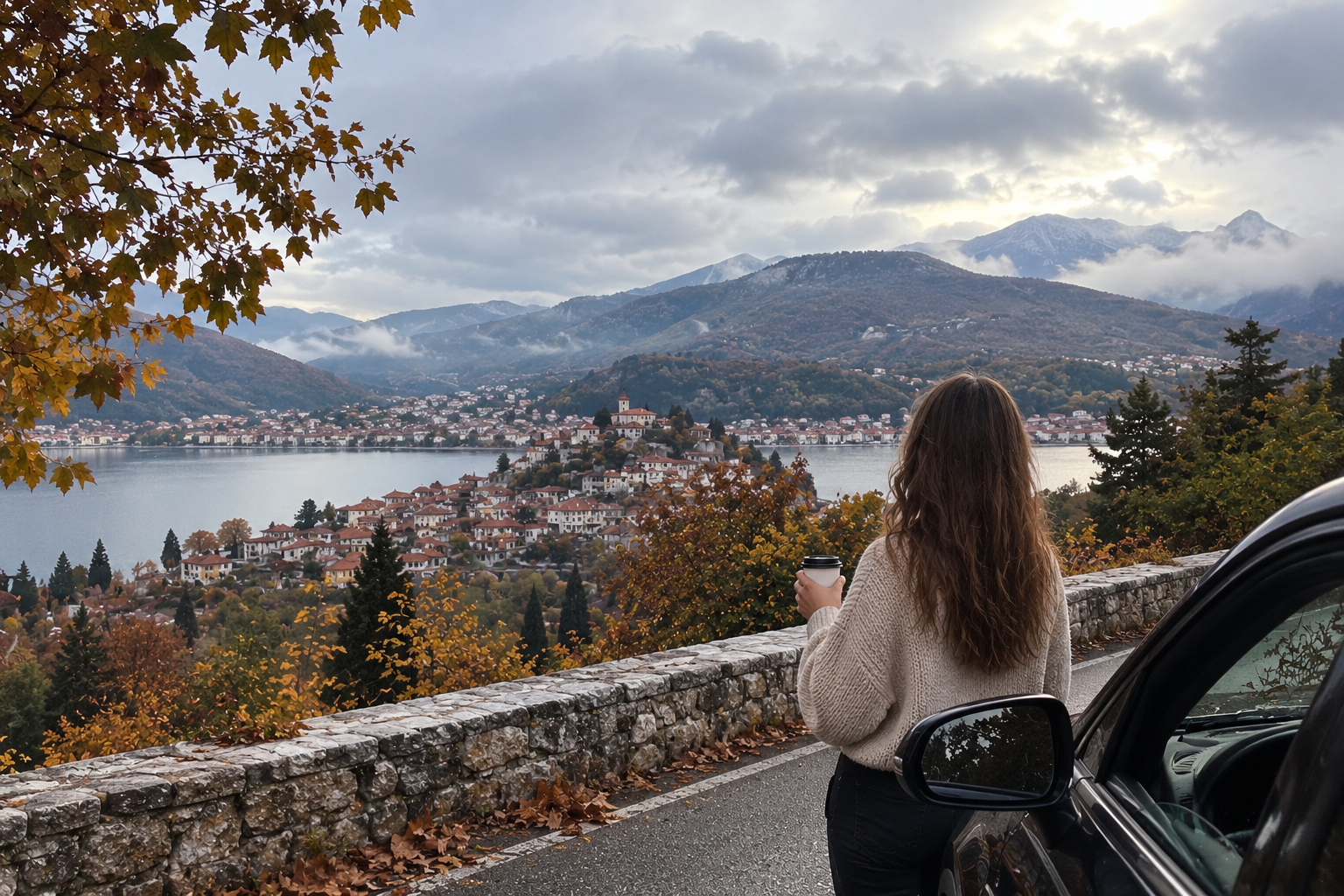 Φθινοπωρινό road trip στην Ελλάδα με θέα σε ορεινό τοπίο, λίμνη και παραδοσιακό οικισμό από τον δρόμο.