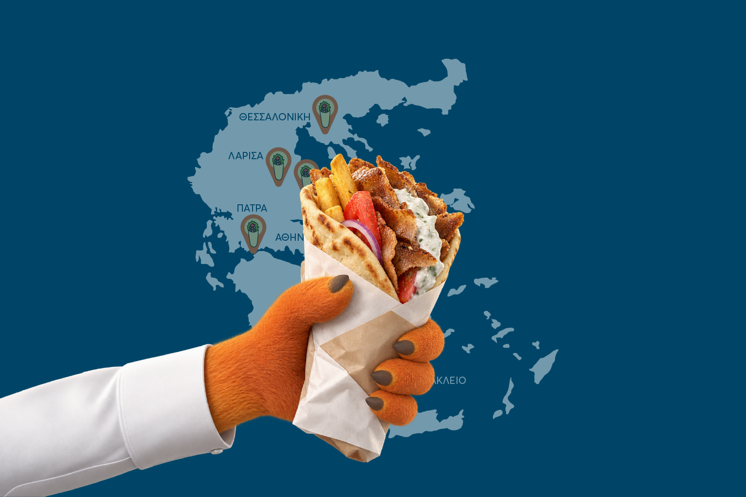 Χάρτης της Ελλάδας με τις έξι περιοχές της έρευνας του Pricefox για τις τιμές του σουβλακιού το 2026 και ένα τυλιχτό στο προσκήνιο.