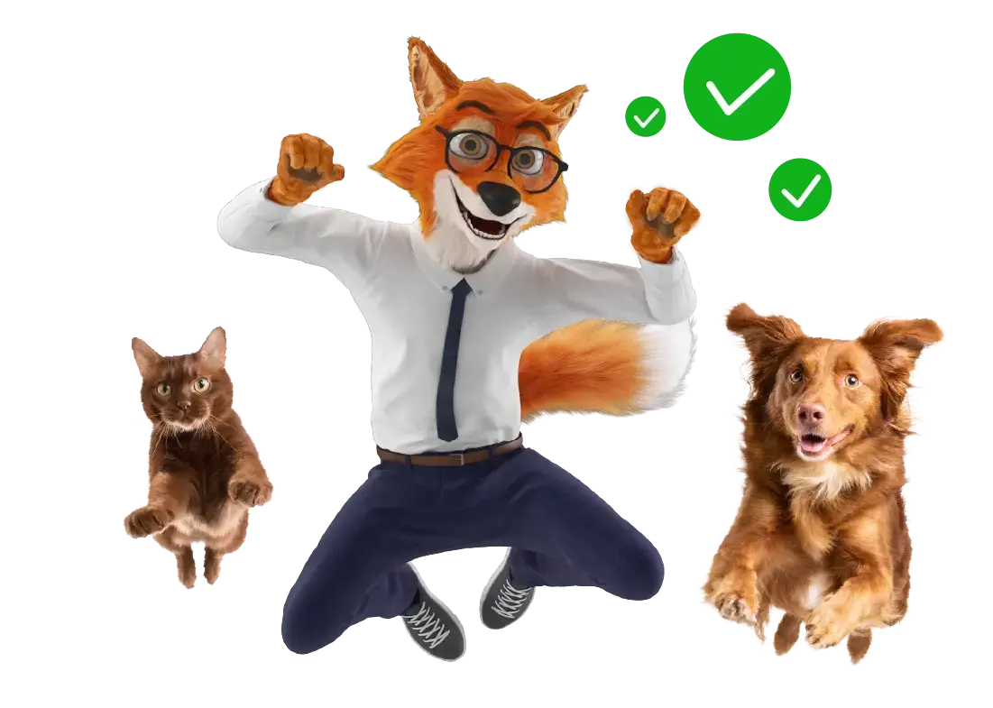 Ο Mr Pricefox και σκύλος πηδούν χαρούμενοι.